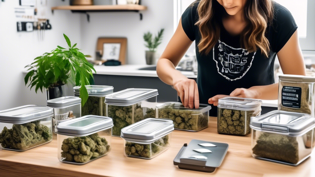 Create an image of a person carefully placing a small amount of marijuana into a clear Ziplock bag, surrounded by different storage containers like glass jars, metal tins, and vacuum-sealed bags. The 