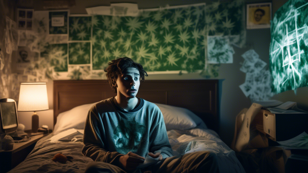 Create a DALL-E prompt for an image: A concerned young man in a bedroom with posters of marijuana leaves on the wall looks distressed and confused. The room is dimly lit with scattered papers showing 