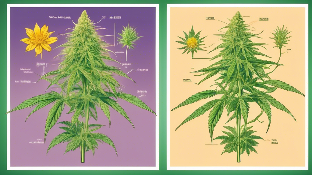 Create an illustration that showcases the differences between male and female marijuana plants. On the left side, depict a male marijuana plant with pollen sacs clearly visible. On the right side, ill