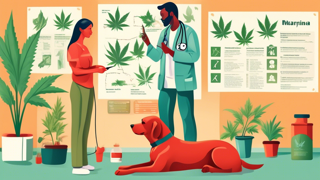 Create a detailed illustration showing a concerned pet owner with their dog at a veterinarian's office. The veterinarian is explaining the signs of marijuana toxicity, pointing to a chart with symptom