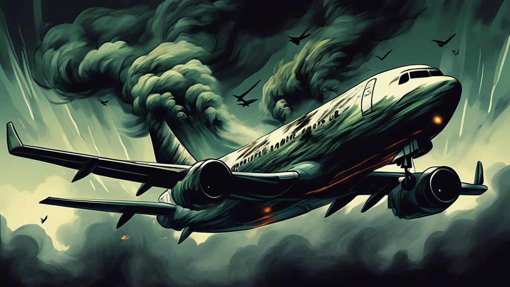 Create an eerie, thought-provoking illustration depicting a plane with dark, sinister smoke trails, transforming into twisted, ghostly marijuana leaves. The sky is stormy, with ominous clouds, and the