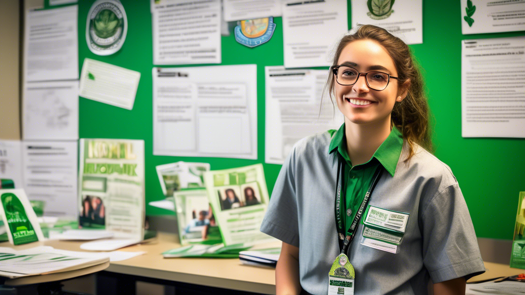 Create an image of a young intern at a bustling NORML office, surrounded by stacks of documents and advocacy posters promoting the benefits of cannabis. The intern is wearing a professional outfit wit