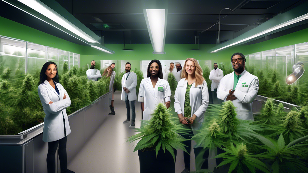 Create a photorealistic image depicting a diverse group of professionals in the marijuana industry, showcasing different roles such as cultivation experts, laboratory scientists, dispensary staff, and