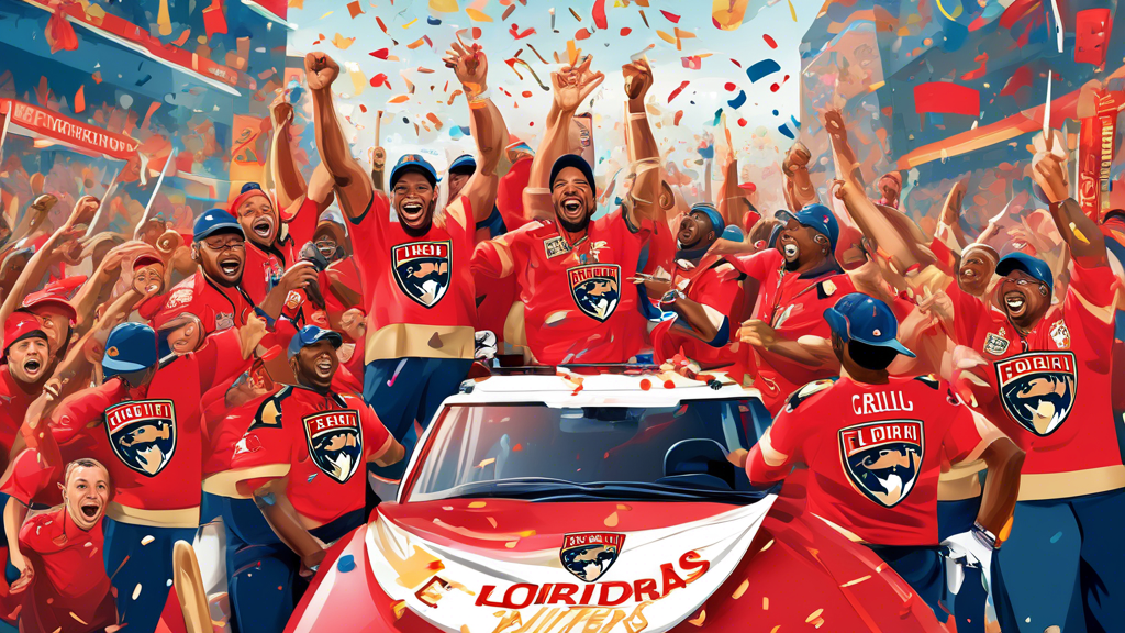 Create an image of the Florida Panthers victory parade with jubilant fans and players. Highlight the presence of E.P. Carrillo Encore Cigars being celebrated by fans and prominently featured on banner