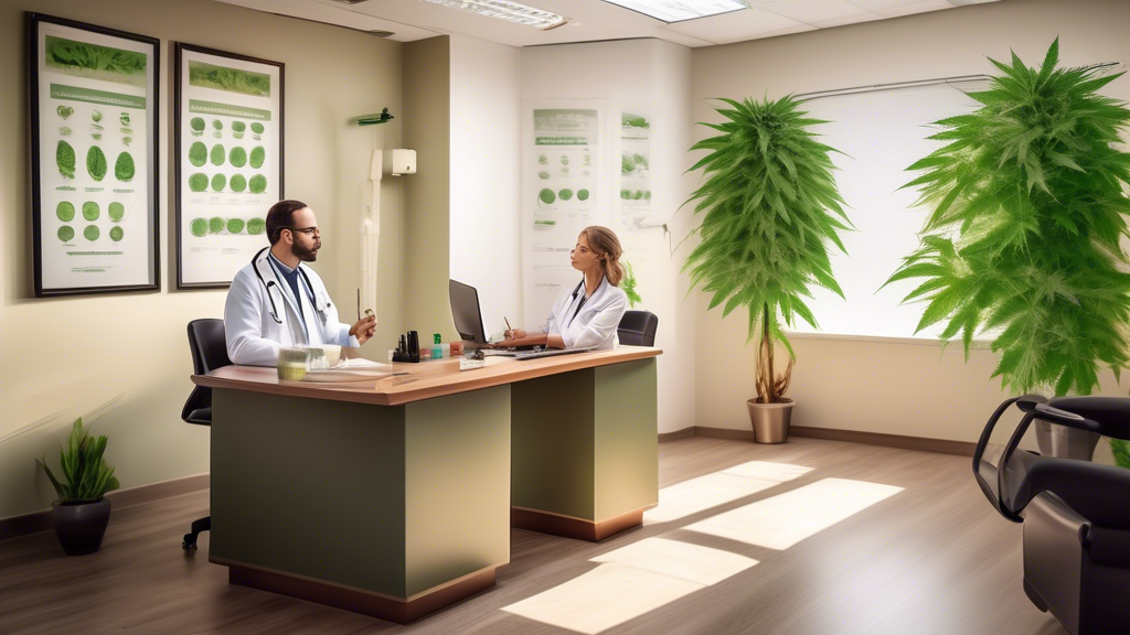 Create an image of a serene, modern doctor's office where a physician is discussing the use of medical marijuana with a patient. The room should include elements like medical charts, anatomical poster