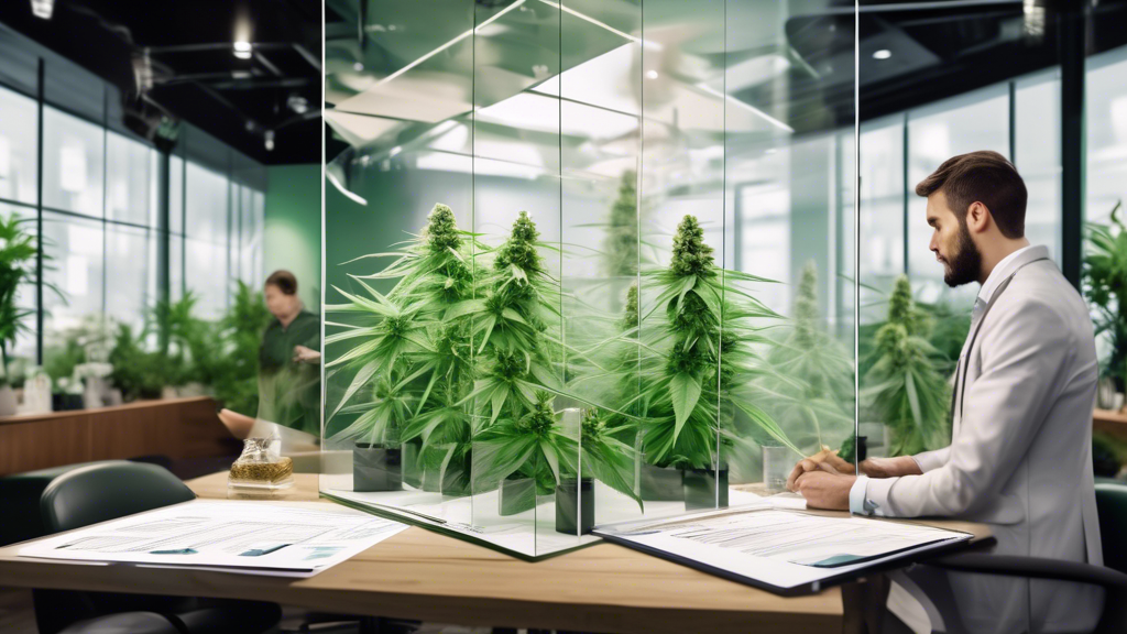 Create an image showcasing a cannabis dispensary with a backdrop of legal documents and charts. On one side, there is a clear glass barrier symbolizing transparency, with corporate professionals discu