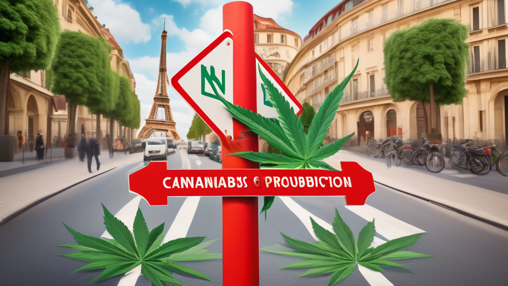 Create an image depicting a symbolic crossroads in a European city landscape. One road sign is marked with a cannabis leaf, representing the legalization and acceptance movement, while the other sign 