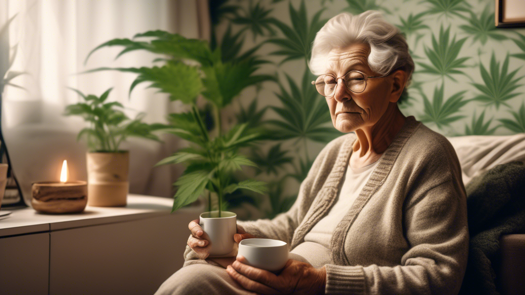 Create an image showing an elderly person sitting in a cozy living room, surrounded by soft light, holding a cup of tea while looking thoughtful. In the background, include subtle symbols depicting ma