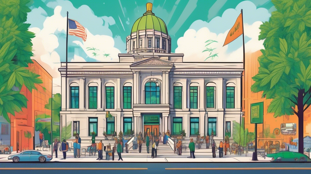 Create a detailed illustration depicting a Michigan legislative building with both an adult-use cannabis shop and a medical cannabis dispensary in the foreground. Show the two shops with vibrant, dist