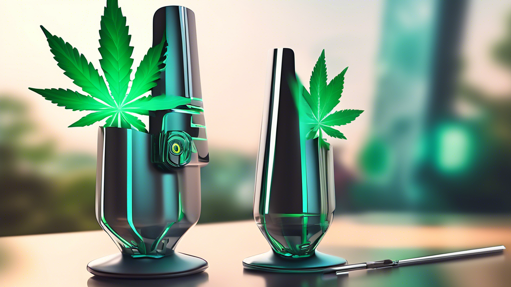 Create an image depicting a futuristic marijuana vaporizer cup, combining sleek modern design and technology. Showcase the cup in an elegant setting with people casually using it while socializing, hi