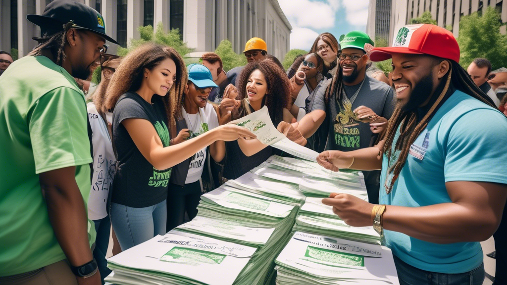 Create an image depicting a diverse group of enthusiastic supporters submitting stacks of signed petitions to a government building entrance. The scene should include vibrant banners and signs advocat