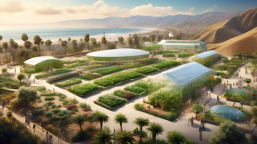 Generate an image depicting a diverse, modern California landscape in 2024 with cannabis farms integrated seamlessly into the environment. Include a mix of high-tech greenhouses with advanced irrigati