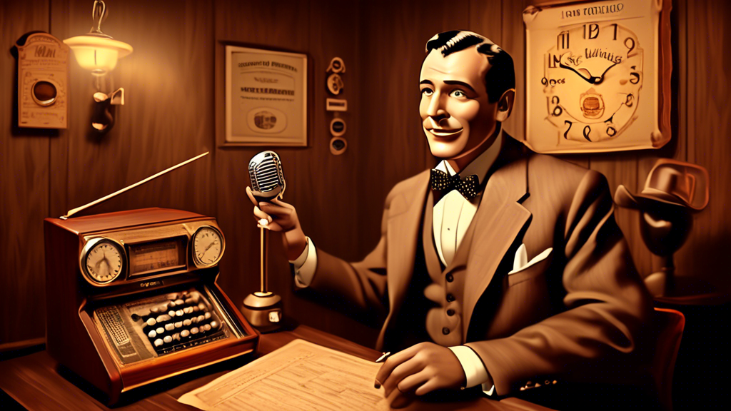 Create an image depicting a warm, vintage radio studio setting. Brooks Whittington, a well-dressed gentleman with a cigar, is speaking animatedly into a classic microphone labeled How Bout That Cigar.