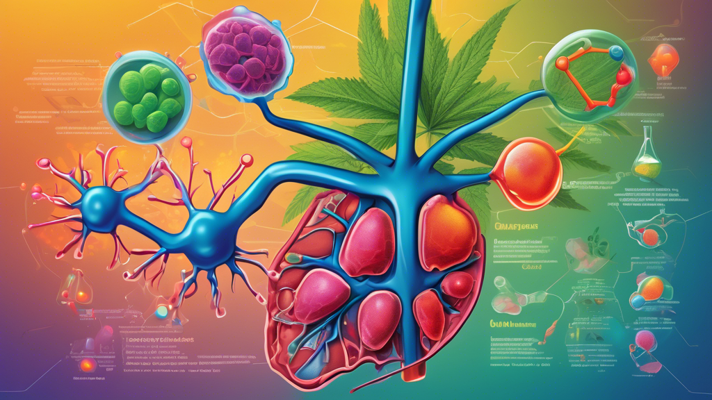 Illustrate a scientific scene showing a human liver with the CYP3A4 enzyme interacting with cannabinoids from marijuana. Depict molecular structures and pathways in a visually engaging, educational st