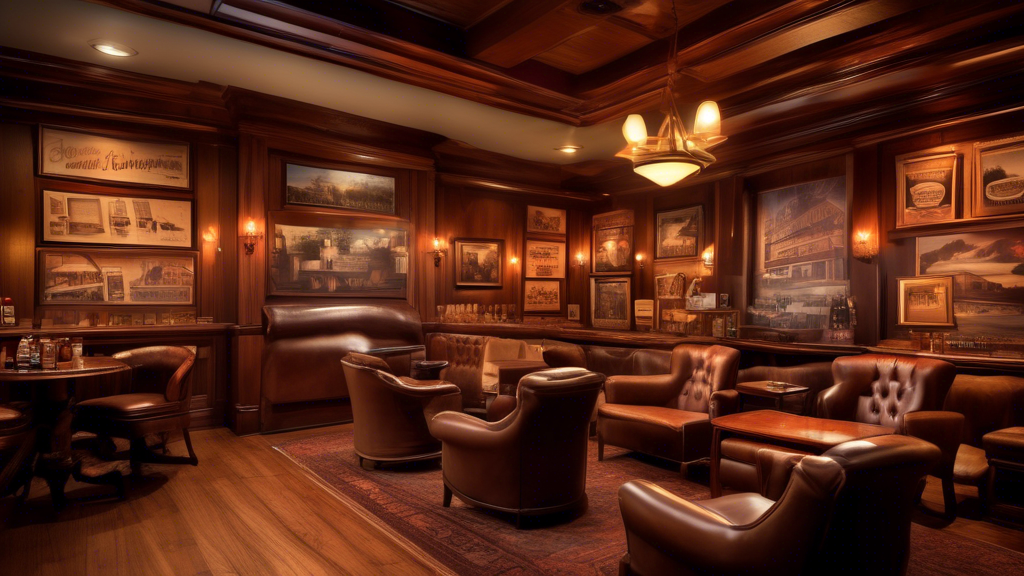 Create an image of a cozy, vintage cigar lounge in Glen Cove, New York. The lounge has an inviting ambiance with rich leather chairs, wooden paneling, and dim, warm lighting. Smoke gently wafts in the