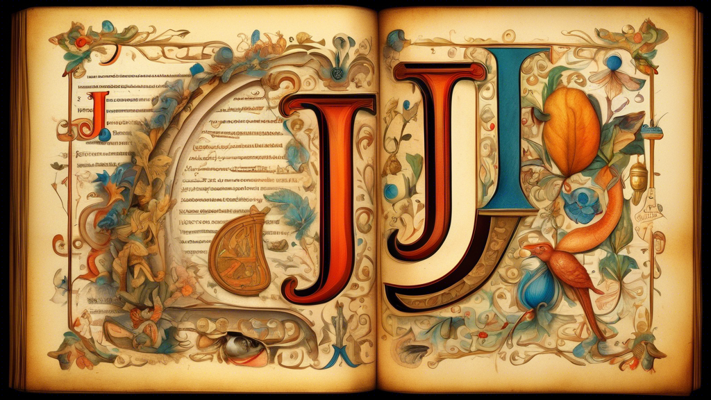 An elegant illuminated manuscript page showcasing the evolution of the letter 'J' from ancient to modern times, surrounded by historical artifacts and symbols representing its significance.