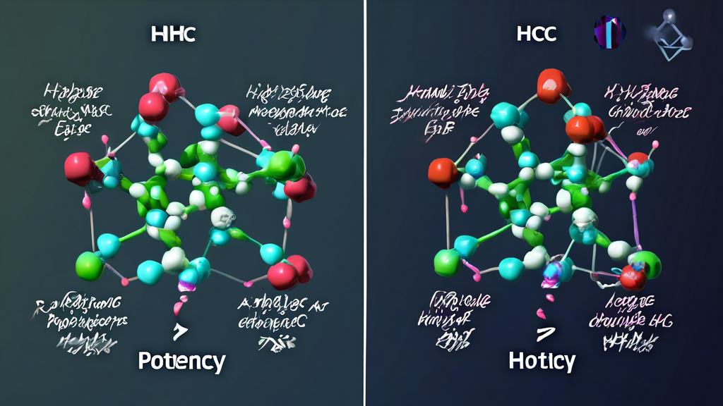 Create an image showing a side-by-side comparison of HHC and Delta-9 THC molecules. On the left side, depict the HHC molecule with clearly labeled characteristics and properties (such as potency, lega