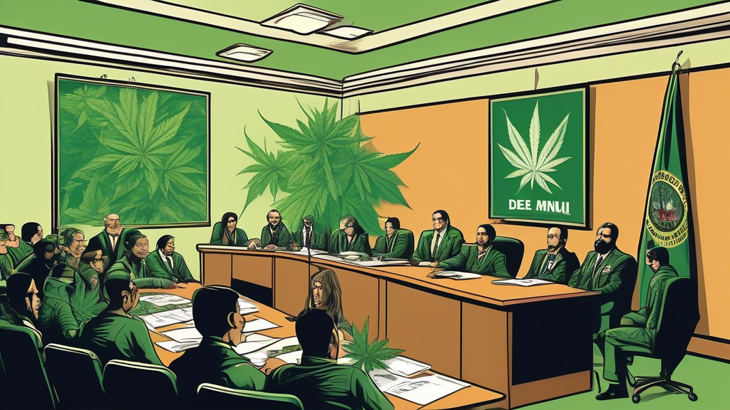 Create an image depicting a formal meeting or hearing room where representatives from NORML (National Organization for the Reform of Marijuana Laws) are providing public feedback to officials from the