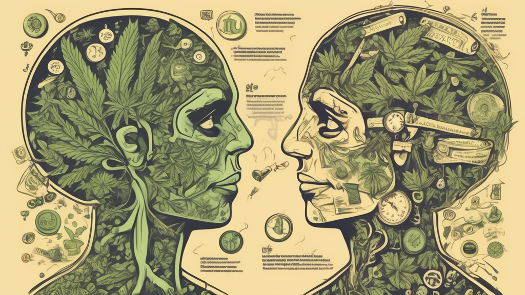 Create a detailed illustration showing the contrasting sides of marijuana use: on one side, depict a person experiencing negative effects like anxiety, dry eyes, and short-term memory issues, surround