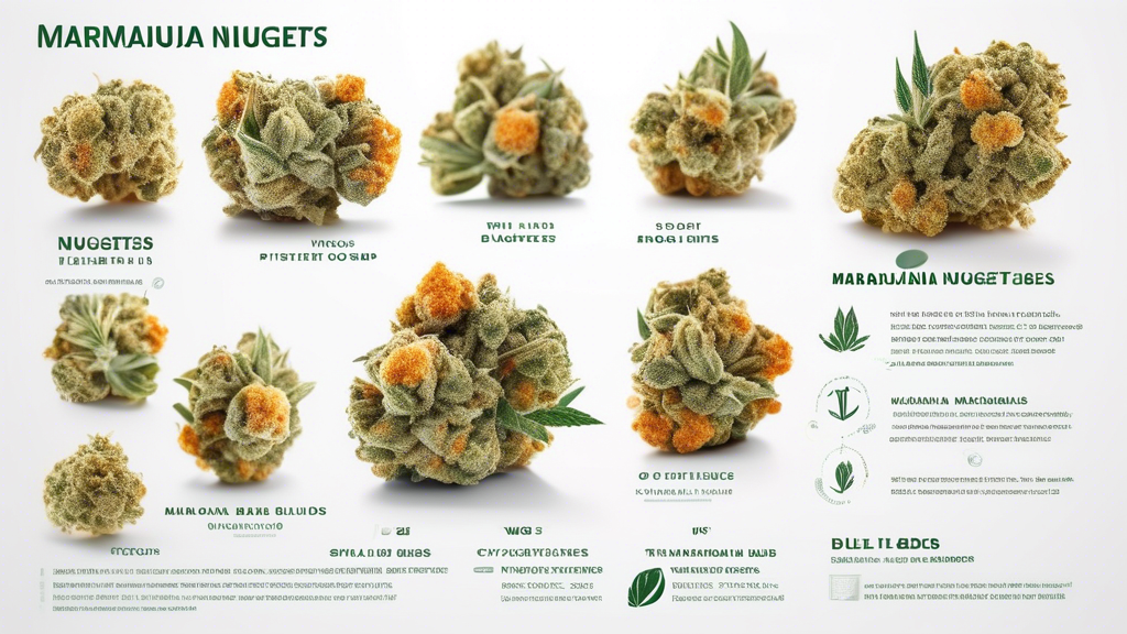 Create a detailed image of marijuana nuggets placed on a clean, white background. Display the various textures and colors of the buds, highlighting their dense, crystalline structure. Include a simple