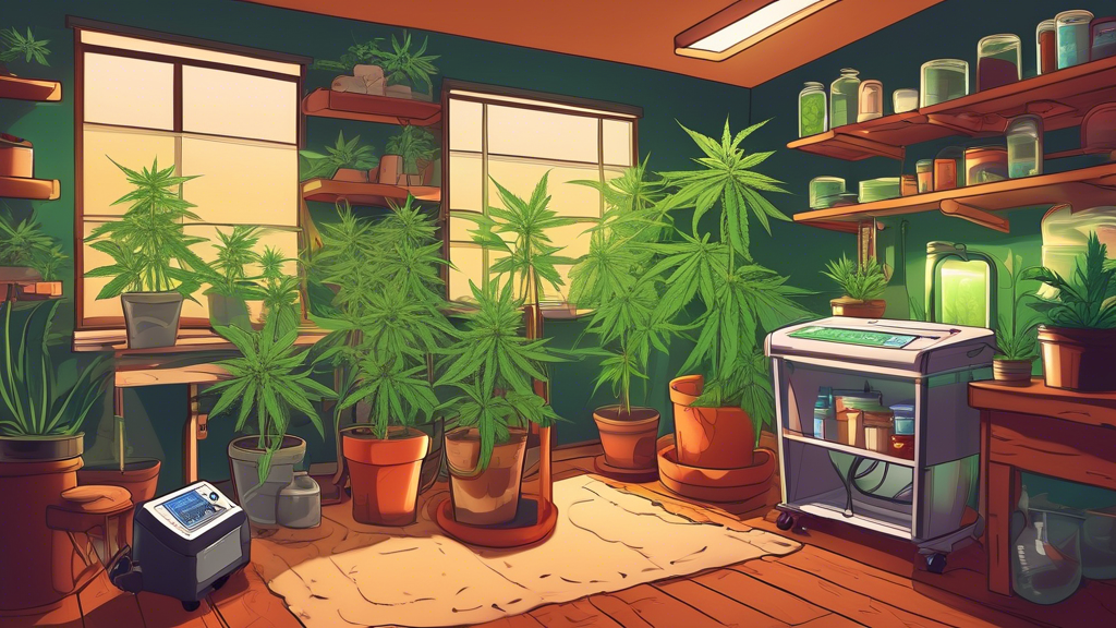 Illustration of a cozy indoor space with essential gardening supplies for growing marijuana at home, including LED grow lights, pots with healthy cannabis plants, nutrient bottles, a pH meter, ventila