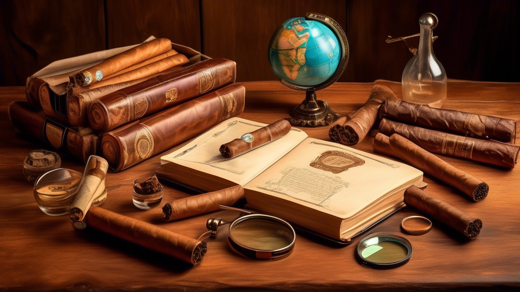 Vintage wooden table covered with a variety of backwoods cigars, a globe, a magnifying glass, and an open journal filled with notes on tobacco varieties from around the world, all under a soft, warm light.