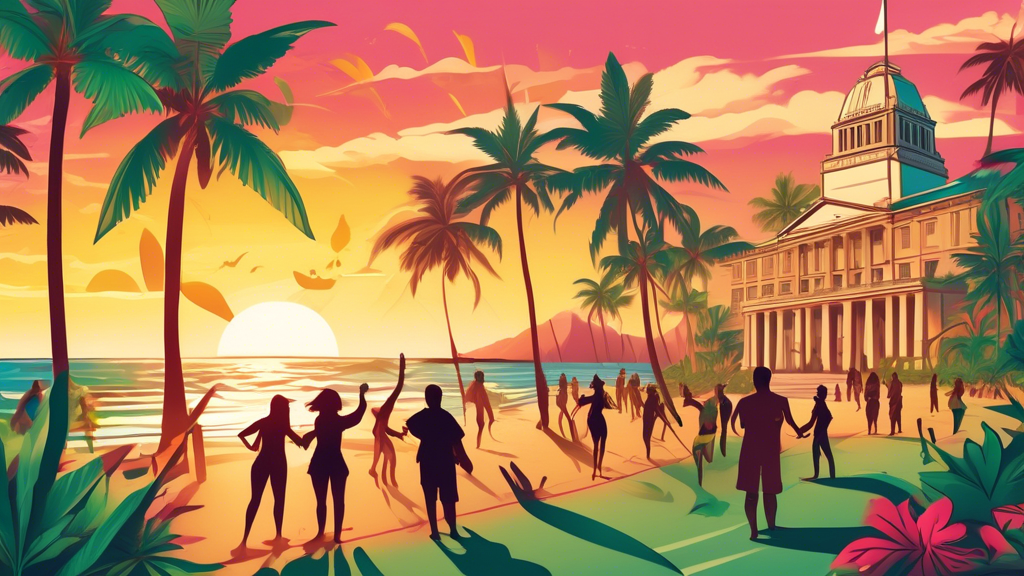 Create an image of a serene beach in Hawaii at sunset with a legislative building in the background. In the forefront, depict a group of diverse, happy people holding signs in support of marijuana leg