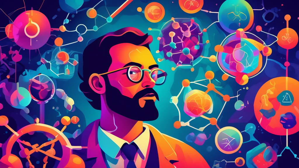 An illustration of a scientist in a lab examining the molecular structure of THC surrounded by visual icons representing its benefits and effects, with a backdrop of vibrant, abstract colors.