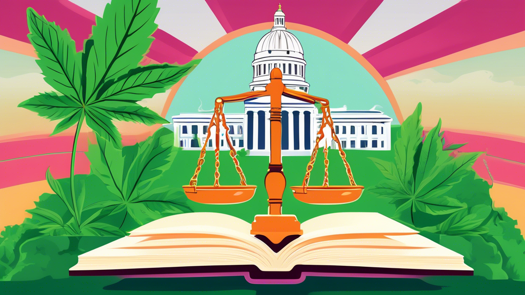 Create an illustration depicting a balanced scale with a marijuana leaf on one side and a law book with the title 'Virginia' on the other, set against a backdrop of the Virginia state capitol building