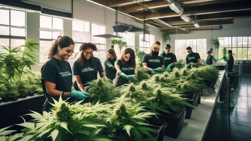 Create an image of a group of diverse people, wearing casual work attire and gloves, carefully trimming marijuana plants in a bright, modern indoor facility. They are surrounded by lush green plants, 