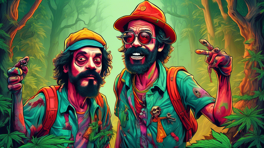 Create an image of Cheech and Chong dressed as comedic, friendly zombies navigating through a foggy, vibrant, and surreal marijuana forest. The duo should be holding joints and have a humorous, laid-b