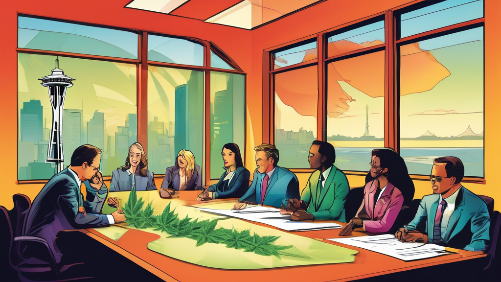 Illustration of an office scene in Washington State, depicting diverse professionals in a meeting room discussing marijuana drug testing policies. Legal documents and charts are visible on the table, 