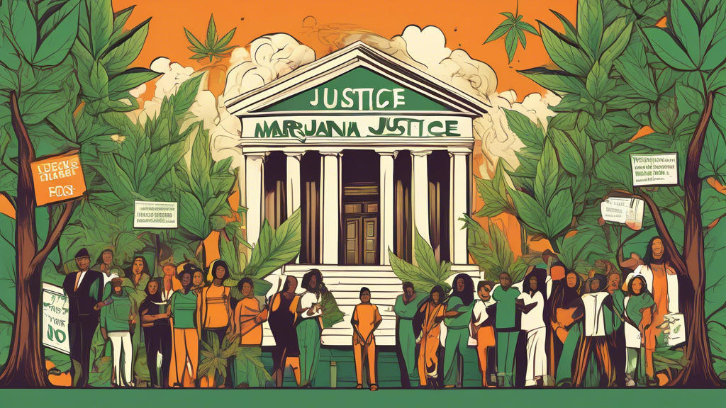 Create an illustration that depicts the essence of the Marijuana Justice Act's focus on equity. Show diverse and inclusive communities, justice scales balancing marijuana leaves and legal documents, a