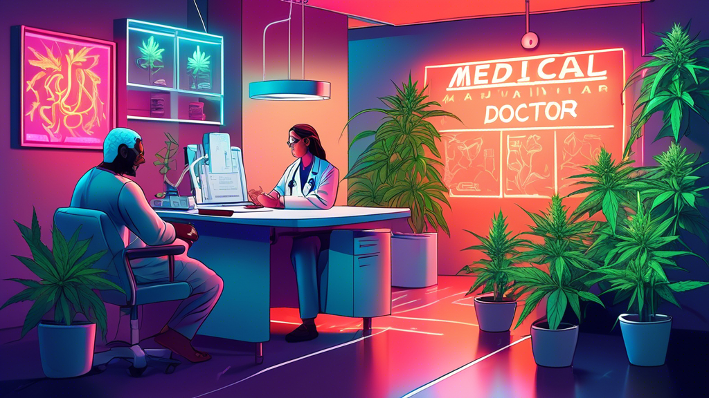 A serene and peaceful illustration of a patient consulting with a knowledgeable doctor in a sunlit office surrounded by medical marijuana plants and a glowing neon sign that reads 'Medical Marijuana Doctor'.