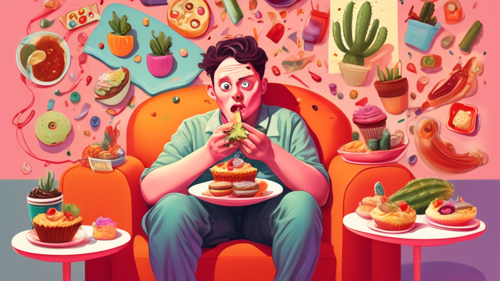 Create an illustration of a person with red, droopy eyes and a whimsical expression, sitting on a cozy couch surrounded by colorful snacks and bizarre food items (like pickles on cupcakes or spaghetti