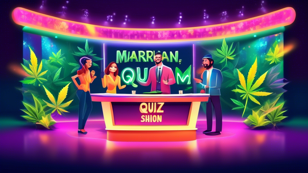 Create an image of a cheerful, animated quiz show set, featuring colorful lights, a charismatic host, and a large screen displaying the title Marijuana Quiz. Include diverse contestants ready to answe