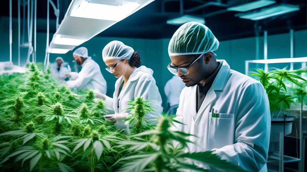 Create an image of a diverse group of professionals working in a modern, indoor marijuana cultivation facility. The scene should include people meticulously tending to rows of healthy cannabis plants 