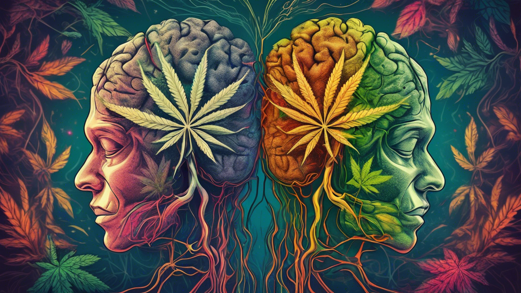 Create an image showing the contrast between a healthy young brain and one affected by marijuana. Incorporate vibrant, detailed neural networks representing brain development on one side, while demons