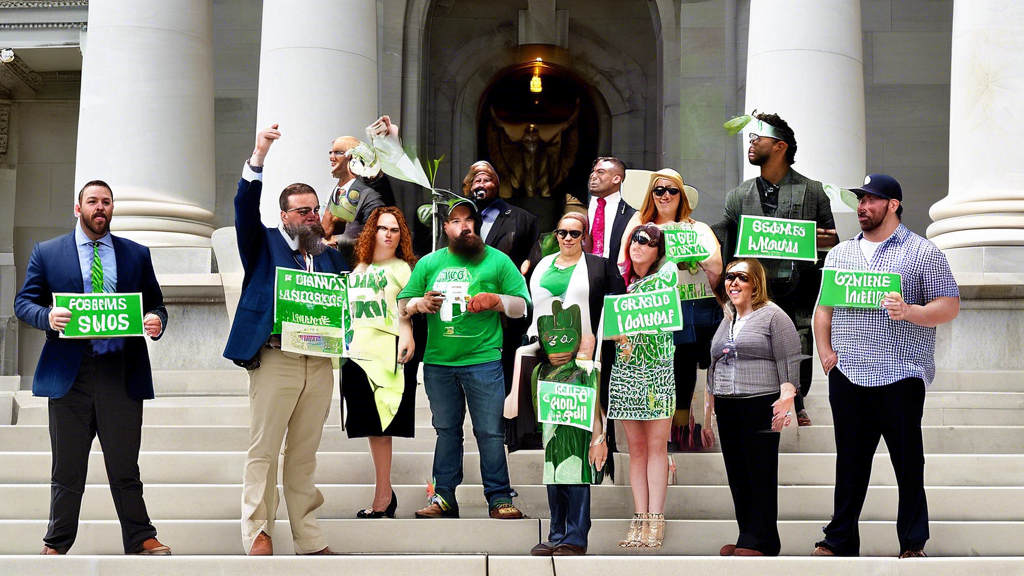 Create an image: A group of well-dressed advocates from the Pennsylvania Cannabis Coalition passionately discussing cannabis legalization at the Pennsylvania State Capitol. The scene should include sy