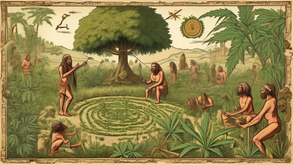 Create an image showing an ancient, lush garden with the first marijuana plants being cultivated by early humans. In the background, portray ancient people from various cultures engaged in harvesting 