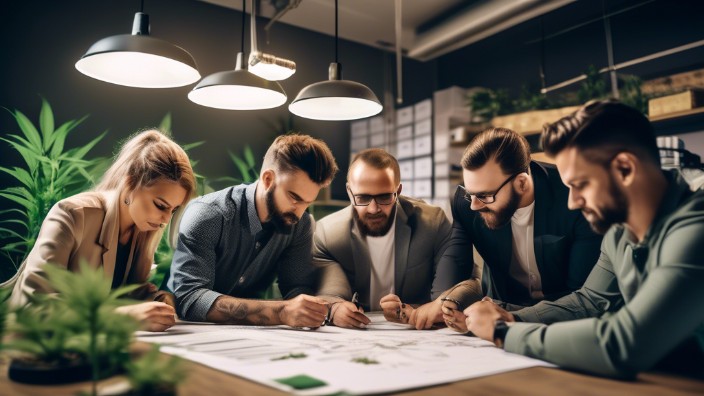 Create an image of an entrepreneurial team meticulously planning their marijuana business. The team is gathered around a table with blueprints, financial documents, and a business plan, in a modern, w