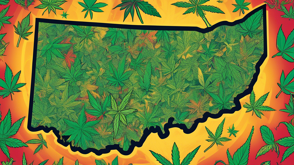 Create an image of a map of Ohio prominently featuring marijuana leaves, with various regions highlighted in different colors to represent different marijuana laws and regulations. Include symbols suc