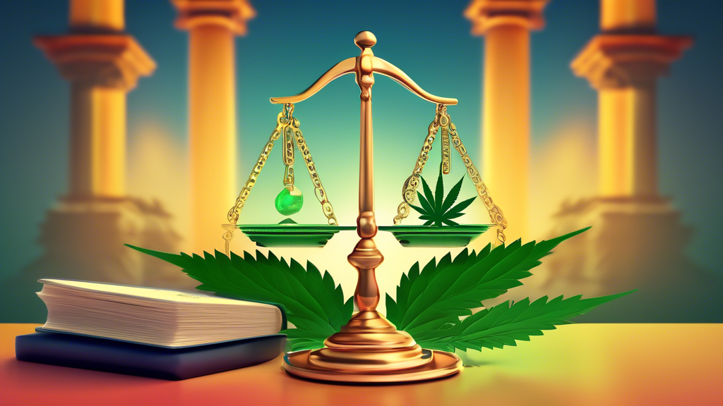 Create an image displaying a balanced scale with a cannabis leaf on one side and a law book on the other, set against the backdrop of a courthouse. The scene includes subtle visual elements representi