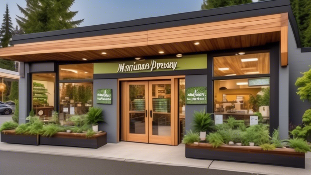 Create an image of a cozy, modern marijuana dispensary in the quaint town of Issaquah, Washington. Show a welcoming storefront with a sign that reads 'Marijuana Dispensary'. Include elements like lush