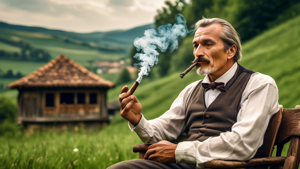 Create an image of Felix Matei, a four-time Romanian Slow Smoking Champion, in a serene outdoor setting. Felix is seated on a rustic wooden chair in a picturesque Romanian countryside, surrounded by l