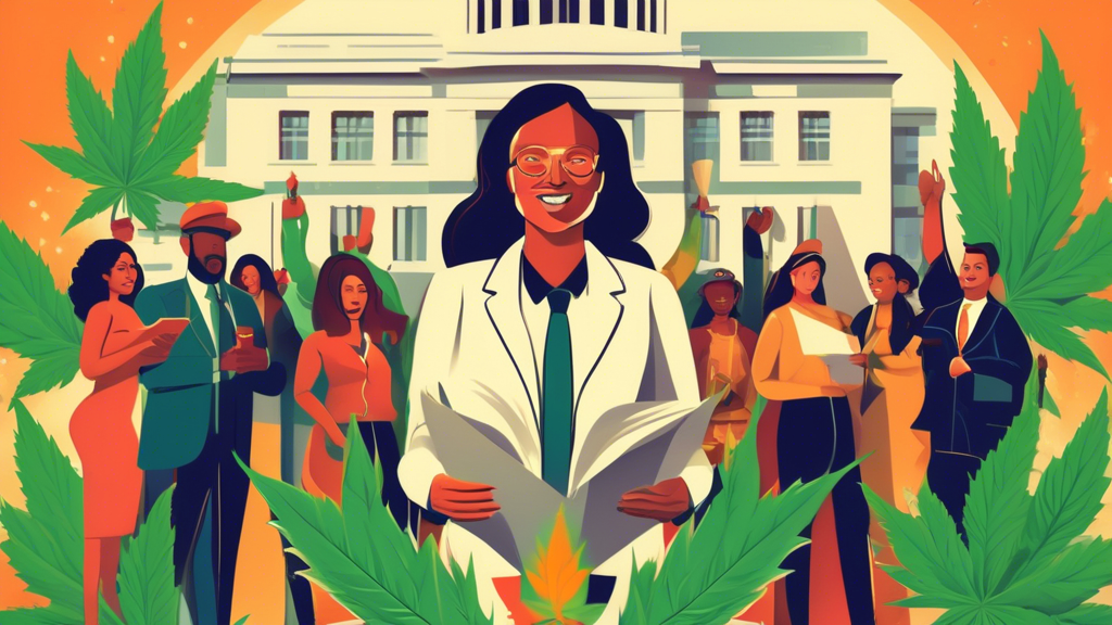 Create an image of a modern government official standing in front of a legislative building, holding a large document titled 'Marijuana 1 to 3 Act.' Surrounding them are diverse people celebrating, wi