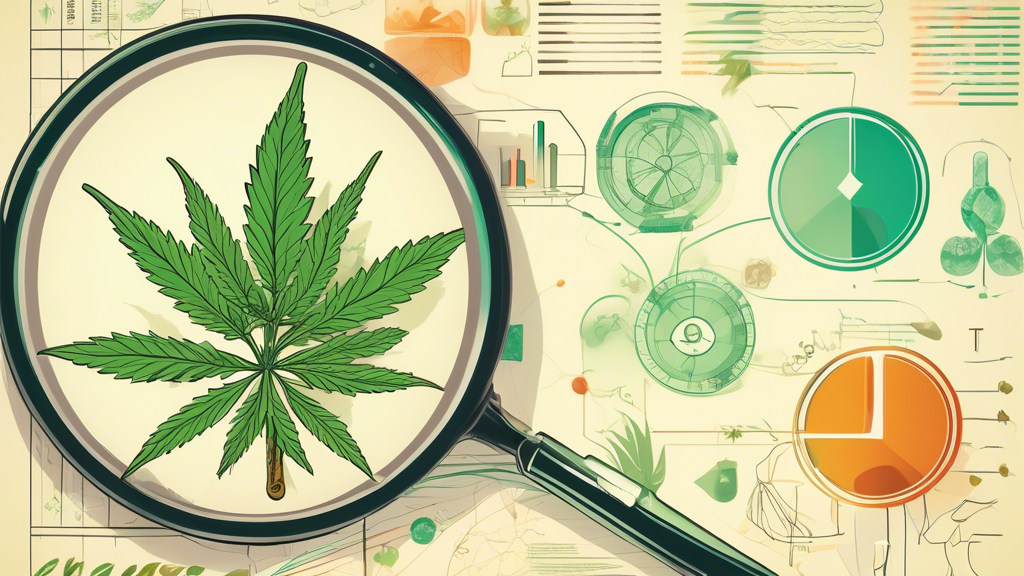 Create an image illustrating the concept of marijuana, featuring a lush cannabis plant with clearly visible leaves and buds, set against a background of scientific diagrams and charts. Include a magni