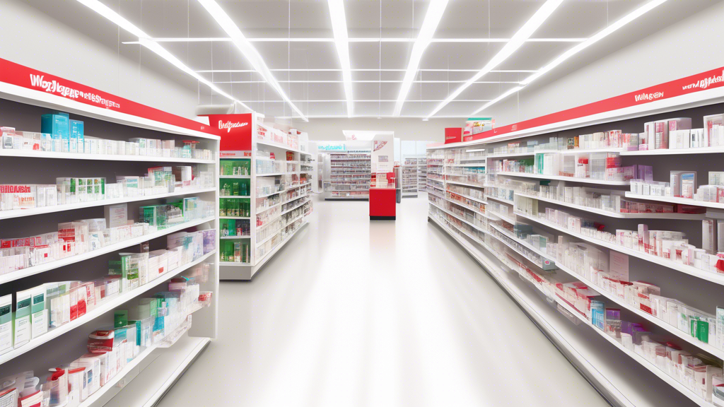 A well-lit Walgreens pharmacy aisle with a prominently displayed shelf of marijuana testing kits, featuring clear, modern packaging. Customers are browsing nearby, illustrating the kits' availability 