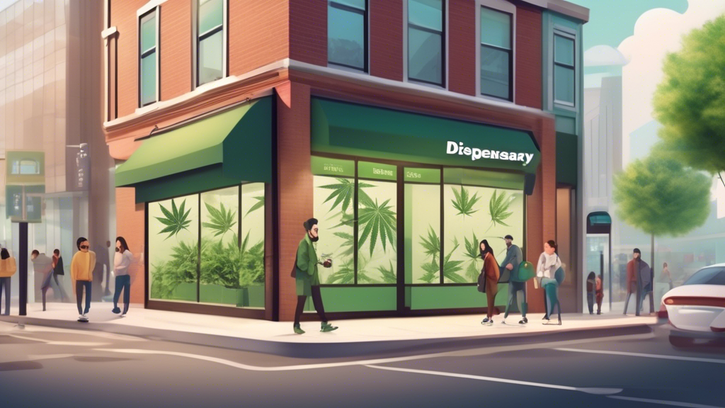 Create an image that depicts a modern, welcoming marijuana dispensary in an urban setting. The storefront should have a sleek design with clear signage indicating it is a dispensary. Include diverse i