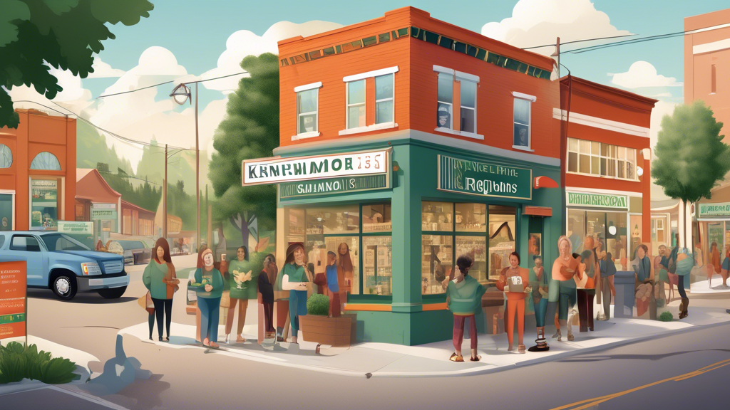 Create an illustration of a quaint town setting labeled Kenmore with contrasting scenes: one side featuring a local government building with the sign Marijuana Regulations and people discussing polici